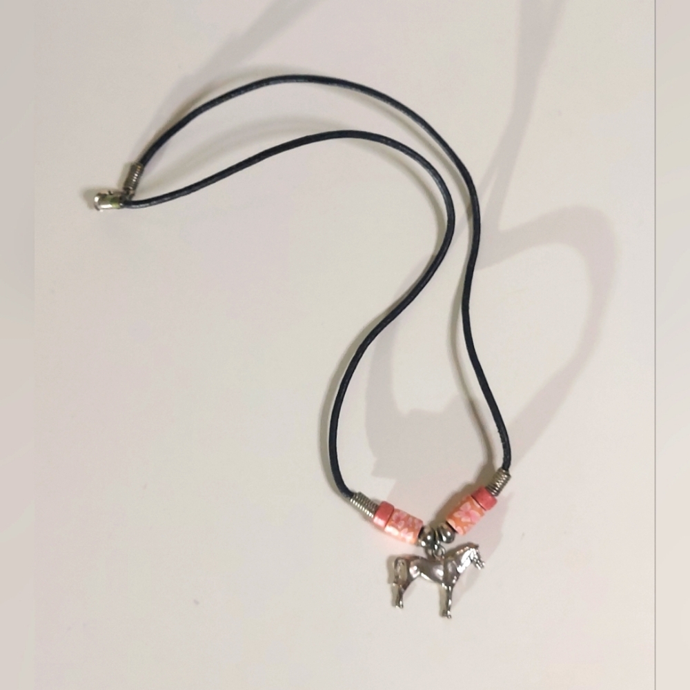 Horse Floral Beaded Black Cord Necklace
